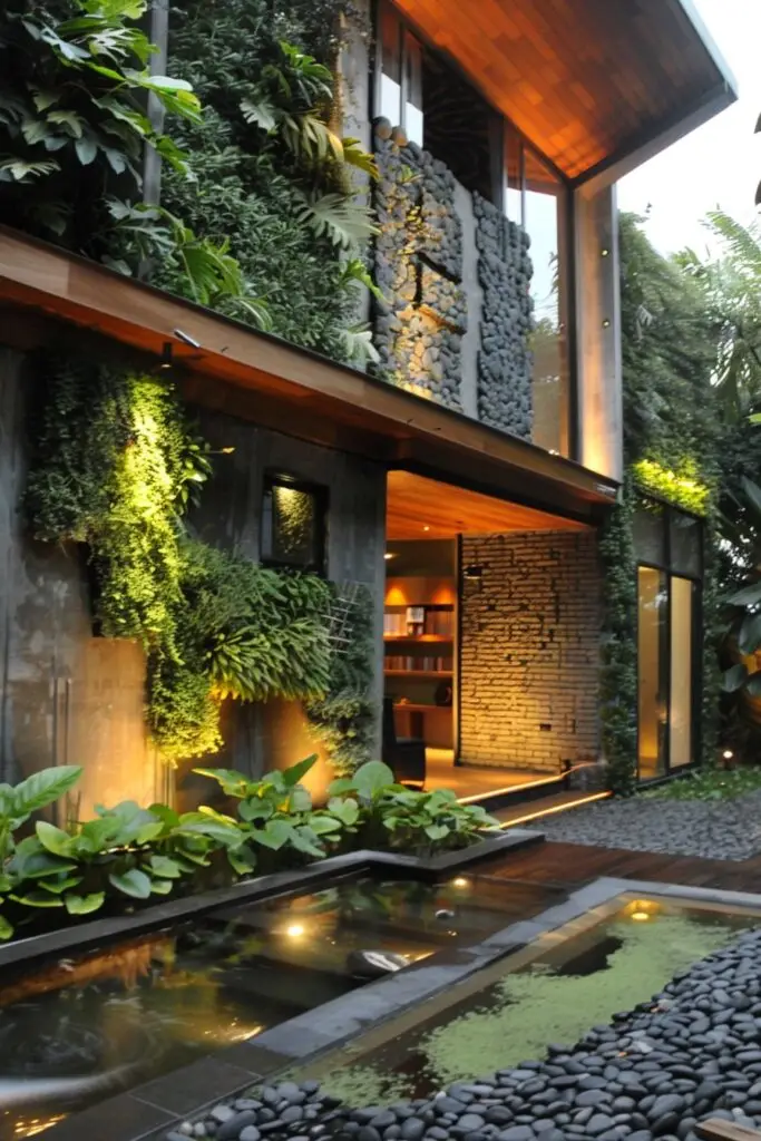 2-courtyard-house-vertical-gardens-pebble-path - Handy Home