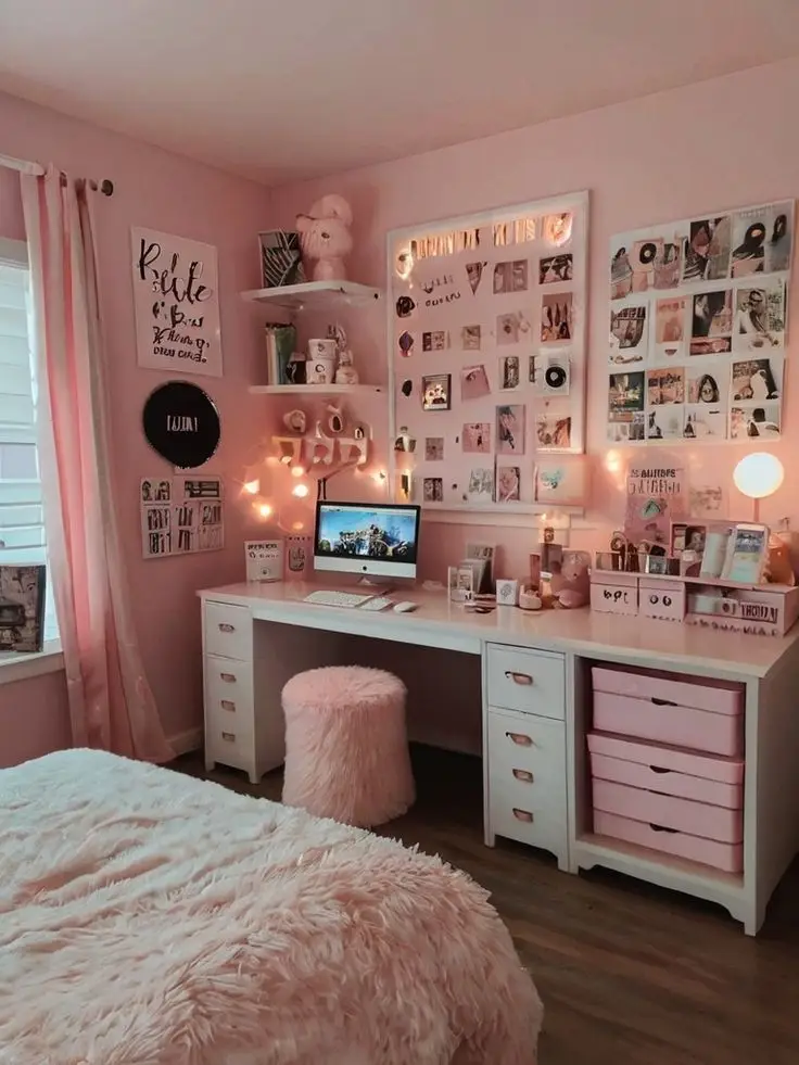 Cozy pink-themed bedroom with a study desk, computer, decor lights, photos, and fluffy stool for a stylish, feminine workspace.