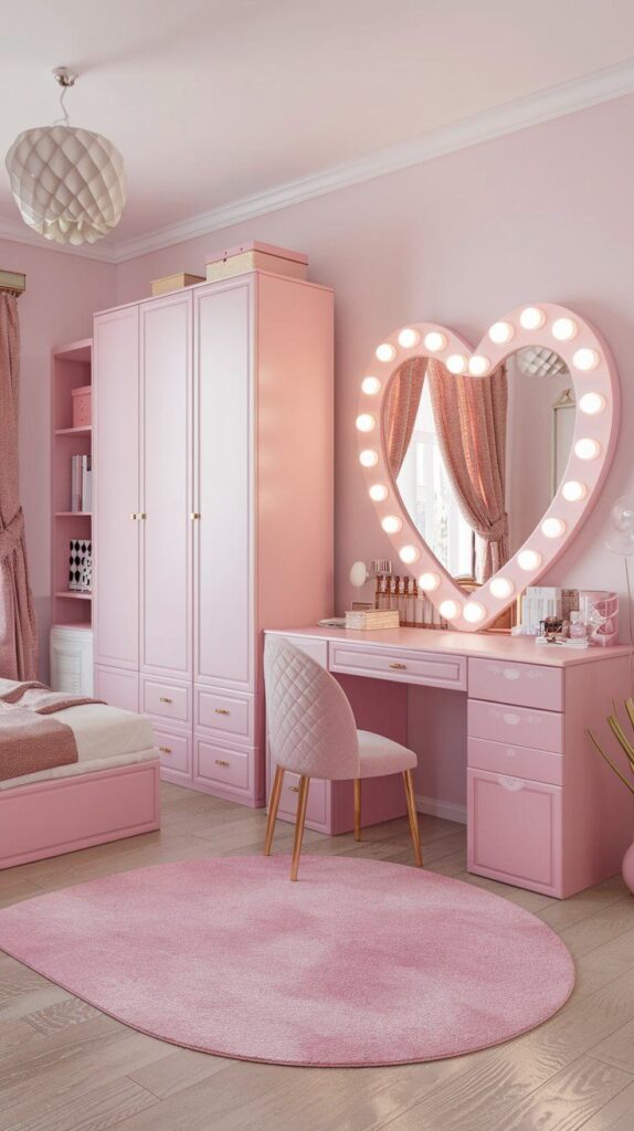 Pink-themed bedroom with heart-shaped vanity mirror, plush rug, and cozy decor. Stylish and feminine interior design.