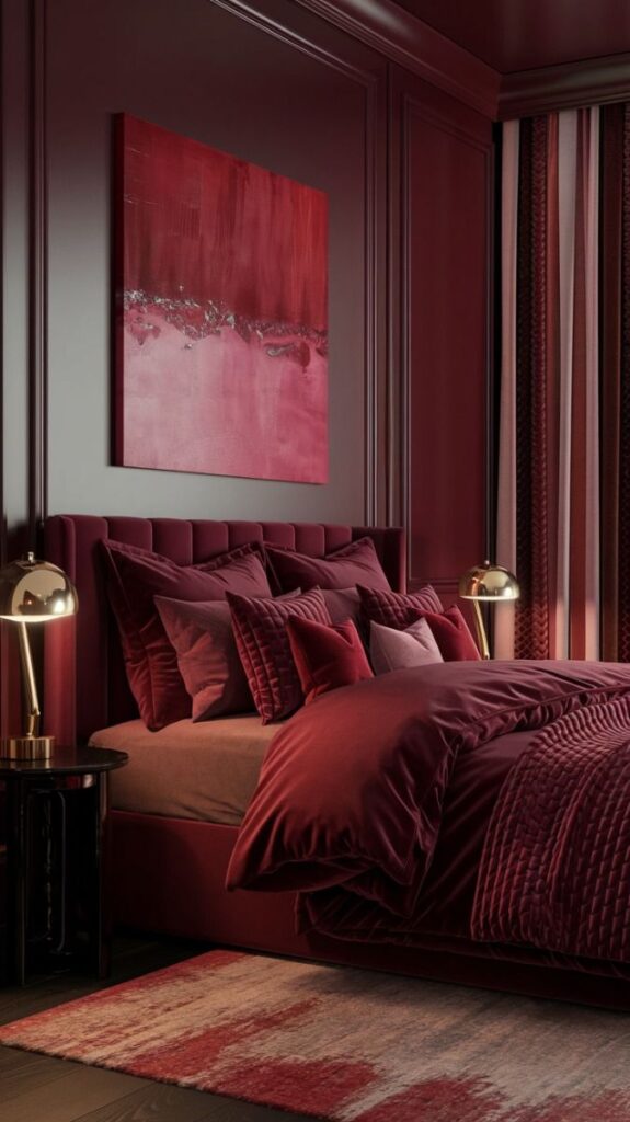 Luxurious bedroom with rich burgundy decor, plush pillows, and modern artwork, creating a cozy and elegant atmosphere.