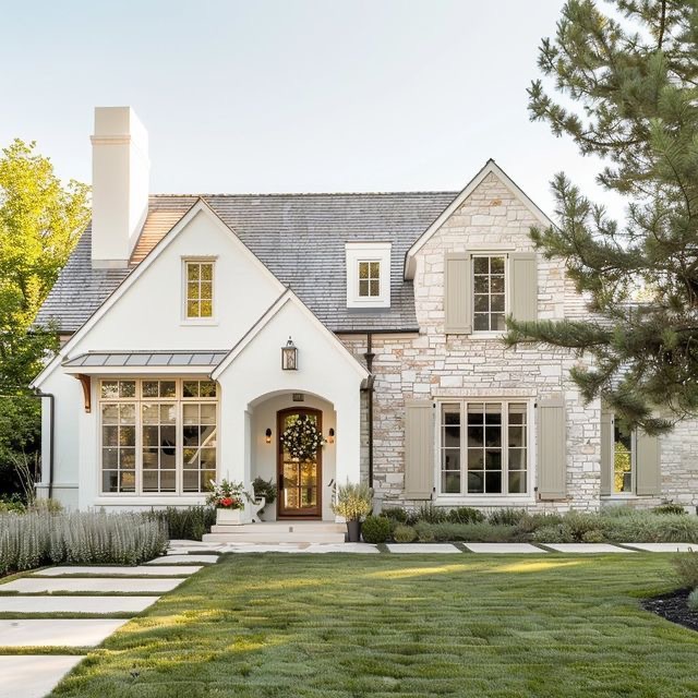 Elegant modern cottage with stone facade, large windows, manicured lawn, and inviting entrance. Serene suburban home atmosphere.