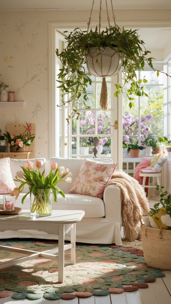 Bright living room with floral pillows, hanging plants, and tulips on a table, leading to a sunlit garden. Cozy and inviting decor.