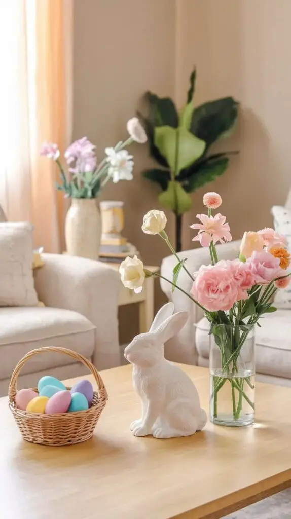 Cozy living room decor with a wicker basket of colorful Easter eggs, a ceramic rabbit ornament, and fresh flowers on a wooden table.