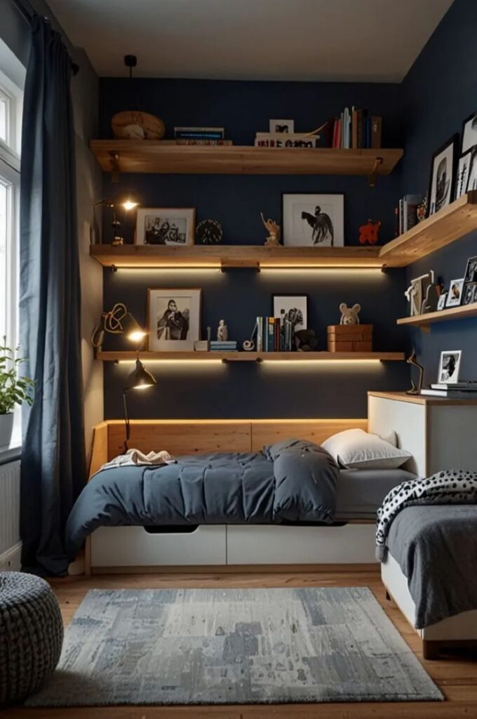 Cozy bedroom with wooden shelves, art decor, and ambient lighting. Navy walls, modern design, and a neatly made bed create a stylish vibe.