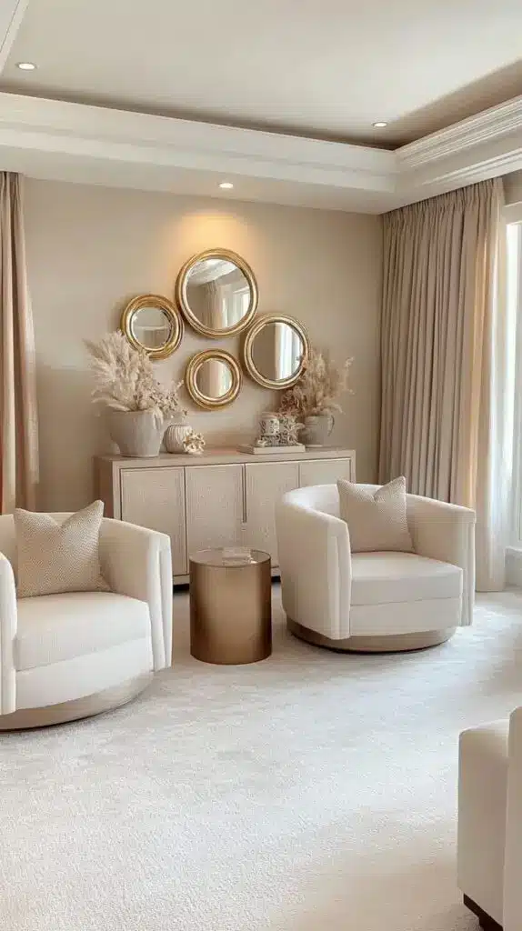 Elegant living room with beige armchairs, gold mirrors, and decorative vases create a cozy, modern ambiance.