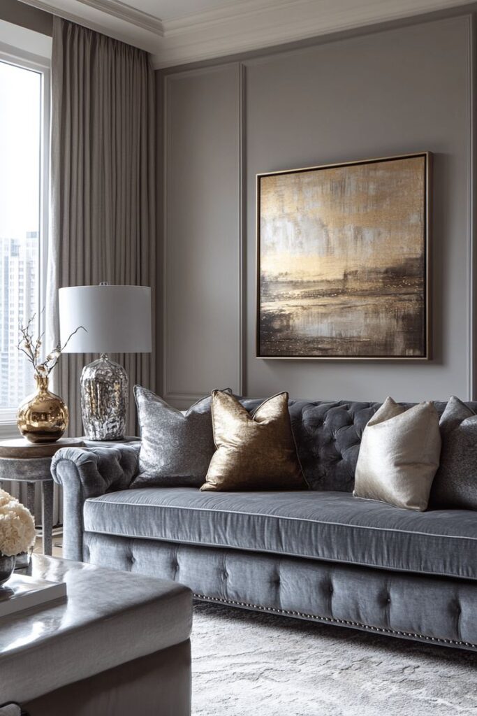 Elegant living room with gray sofa, gold accents, abstract art, and modern decor for a luxurious interior design look.