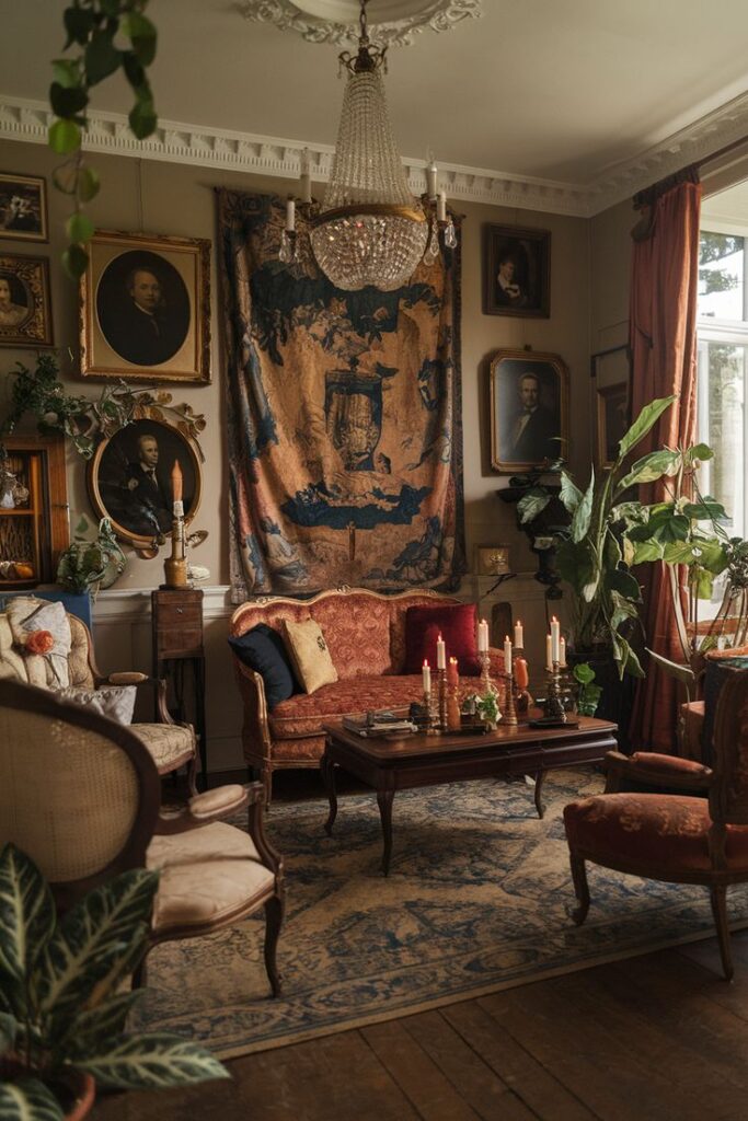 Vintage living room with classic portraits, tapestry, ornate chandelier, and elegant furniture, exuding an antique, cozy atmosphere.