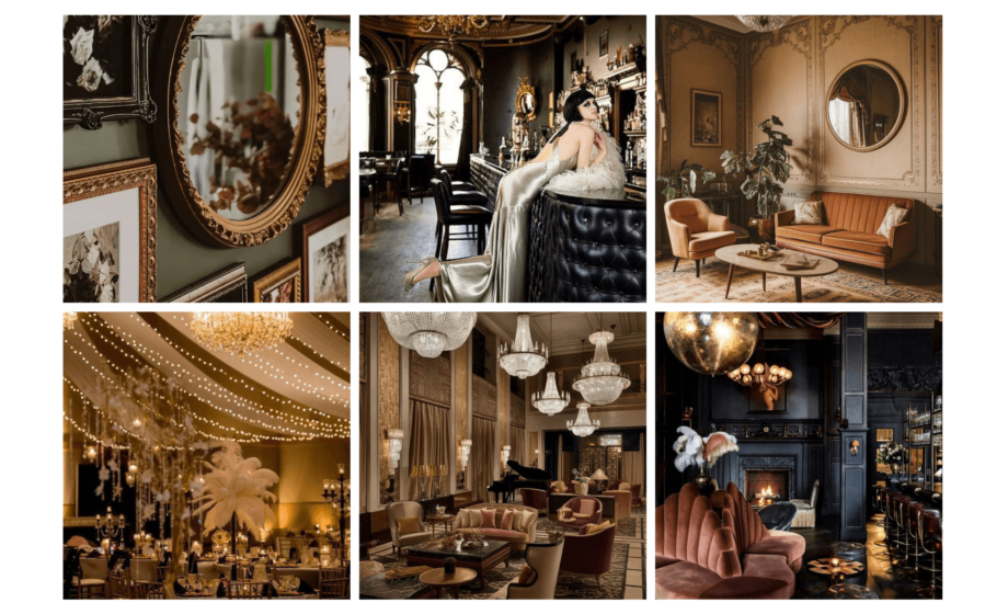 Elegant vintage interiors with ornate furniture, chandeliers, and luxurious decor, capturing a timeless and sophisticated atmosphere.