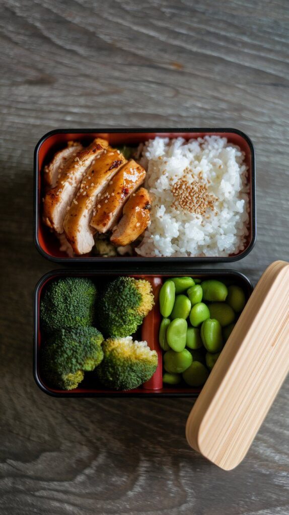 Delicious bento box with grilled chicken, sesame rice, broccoli, and edamame on a wooden table. Perfect for a healthy lunch.