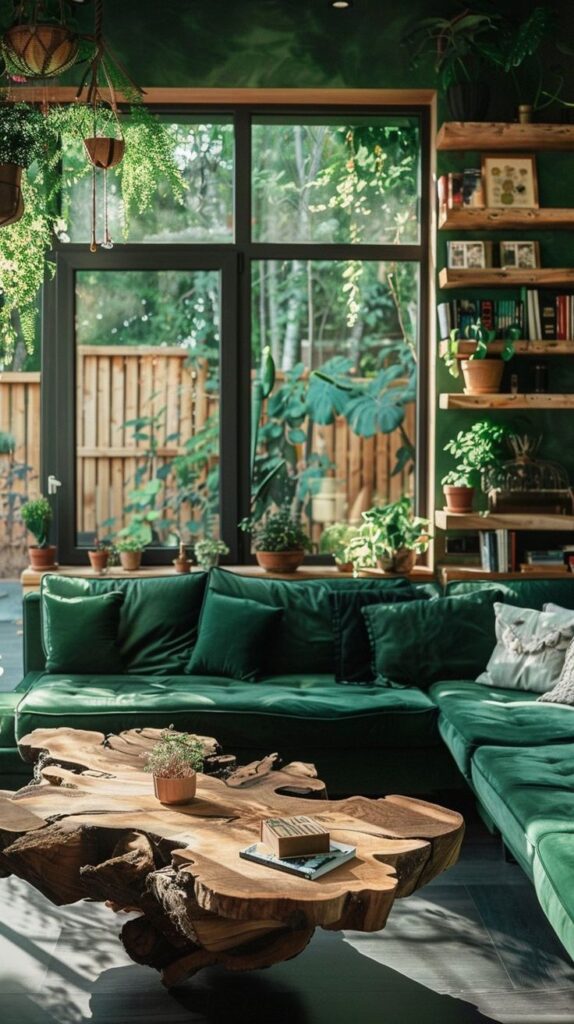 Cozy green living room with lush plants, rustic wood table, and large windows letting in natural light.