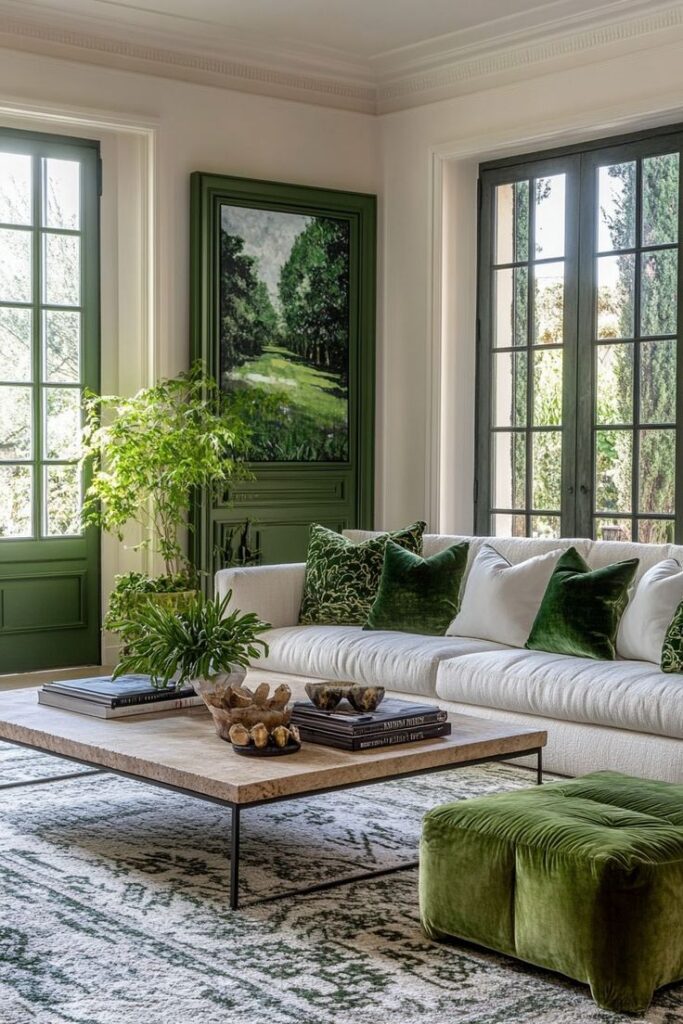 Modern living room with green accents, featuring a white sofa, green pillows, and a coffee table with decor and plants. Elegant art on wall.