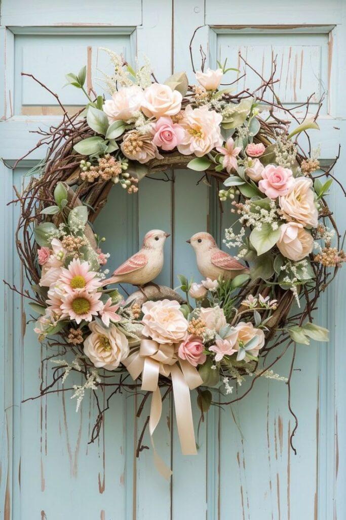 Elegant floral wreath with pink roses and birds on a rustic door, perfect for spring decor.