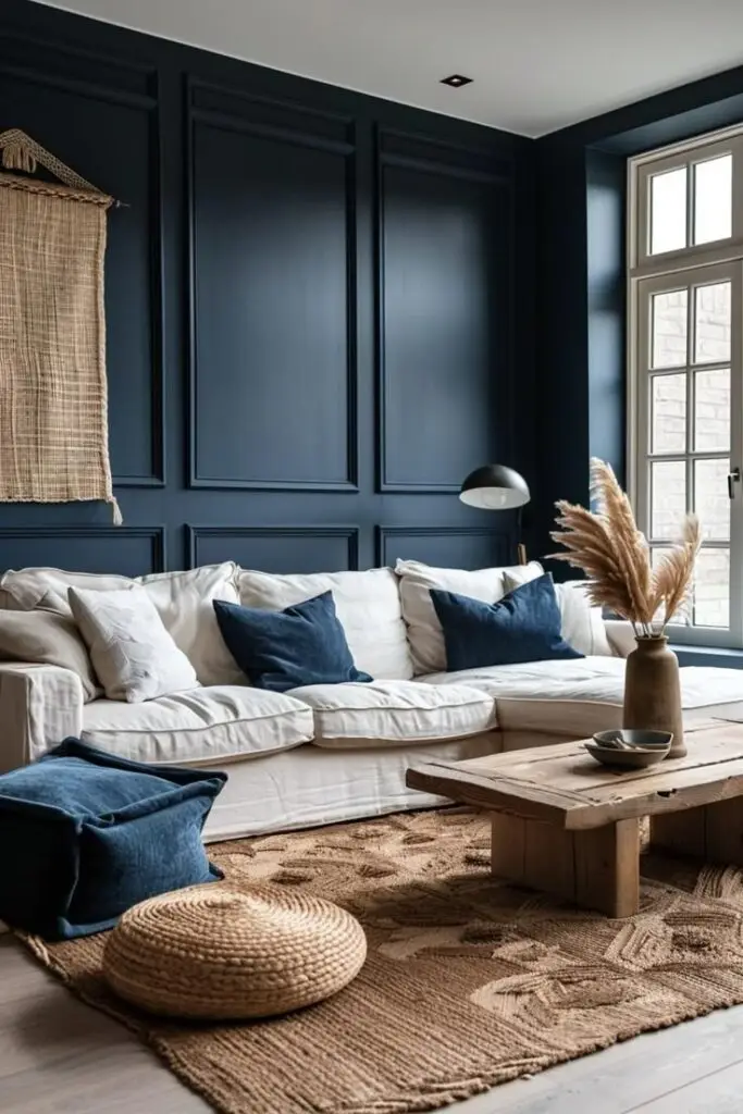 Cozy living room with blue accent wall, white sofa, wooden table, textured rug, and natural light. Modern interior design.