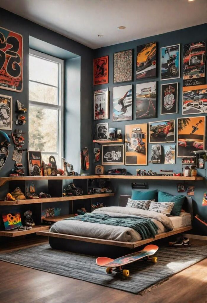 Stylish skateboard-themed bedroom with wall art, shelves, and skateboard decor, perfect for a passionate skater.