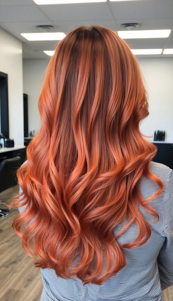 Wavy, long ginger hair cascading down the back, styled in loose curls in a salon setting.