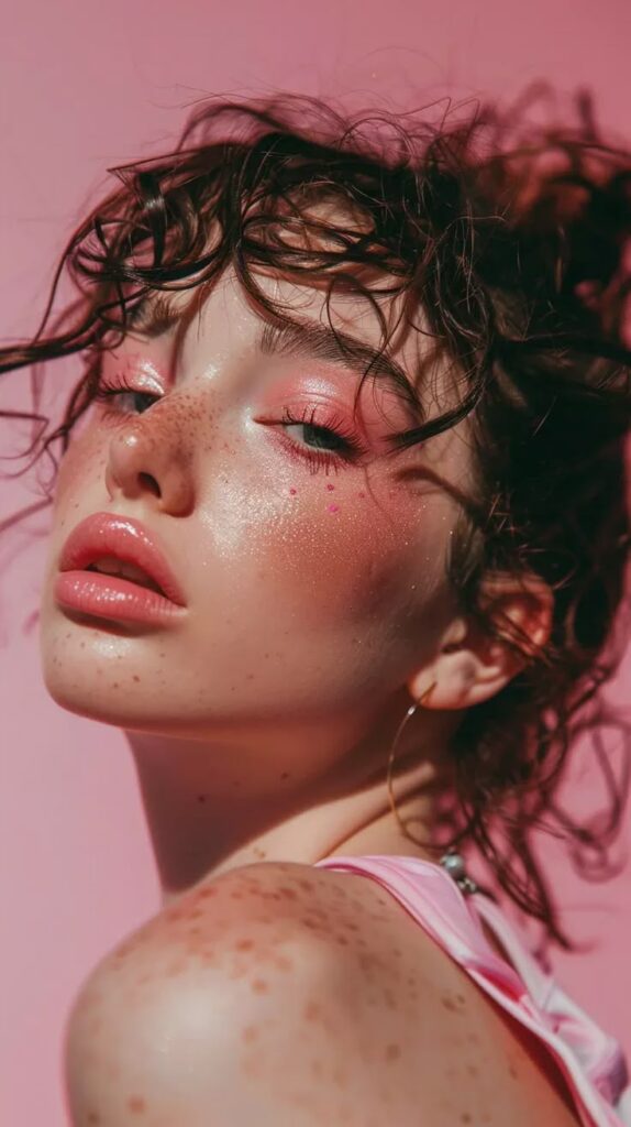 Woman with pink makeup and freckles poses against a pink background, showcasing glistening skin and wet hairstyle.