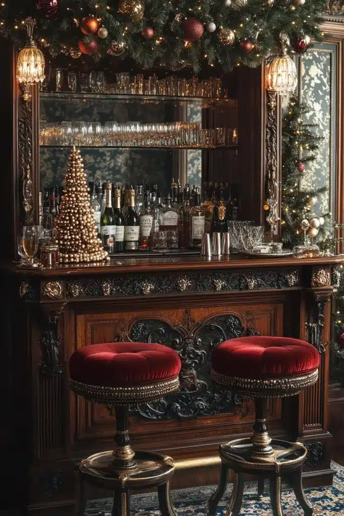 Festive bar with red velvet stools, ornate wood, and drinks. Decorated with lights, gold ornaments, and a mini Christmas tree.
