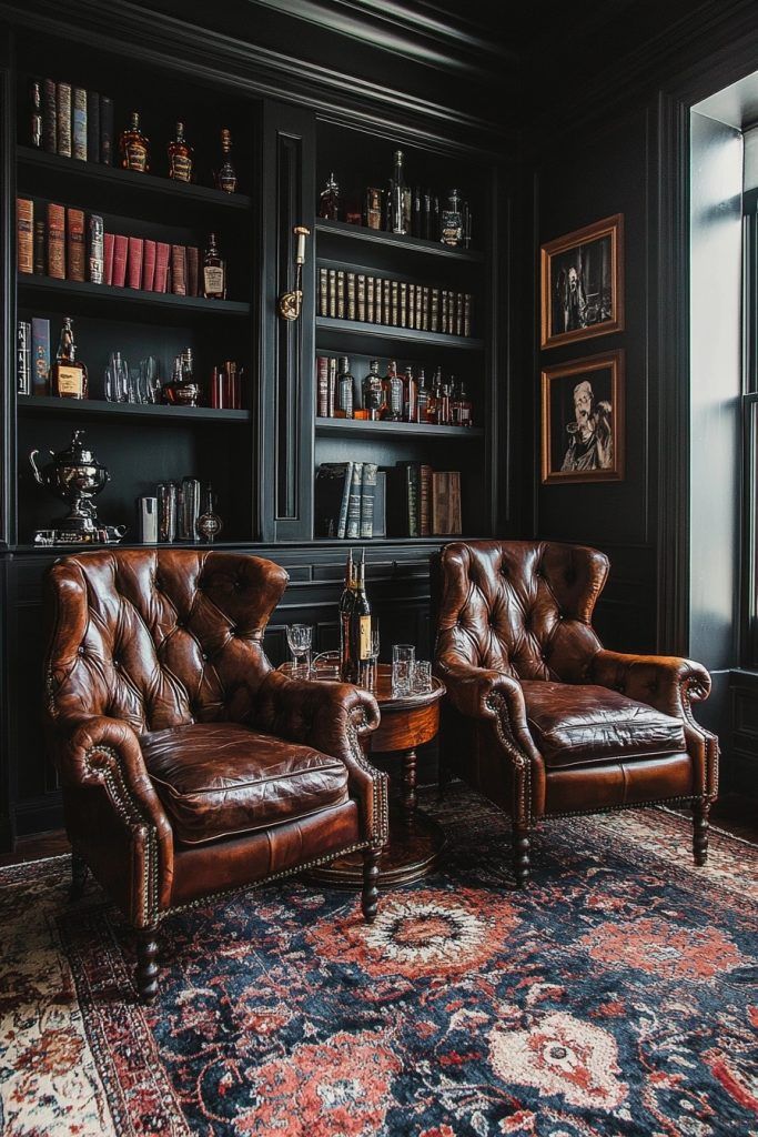 Elegant library with leather chairs, dark wood shelves, and vintage books. Perfect cozy reading nook or whiskey lounge ambiance.