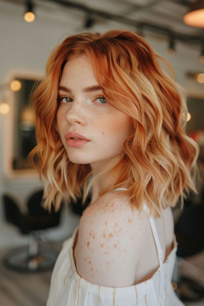 Woman with wavy red hair and freckles in a stylish outfit, posing in a modern salon setting.