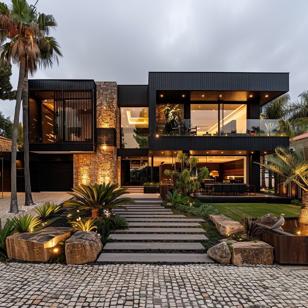 Modern luxury house with stone facade, large windows, landscaped garden, and outdoor lighting at dusk.