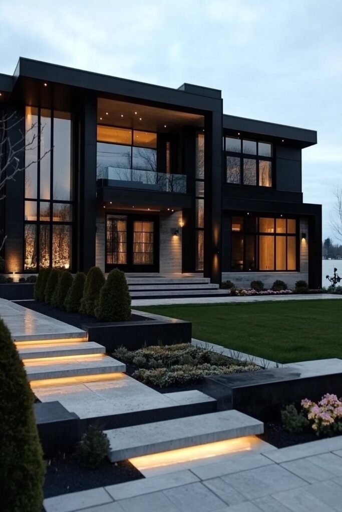 Modern, two-story house with illuminated steps, large windows, and sleek landscaping at dusk. Elegant contemporary architecture.