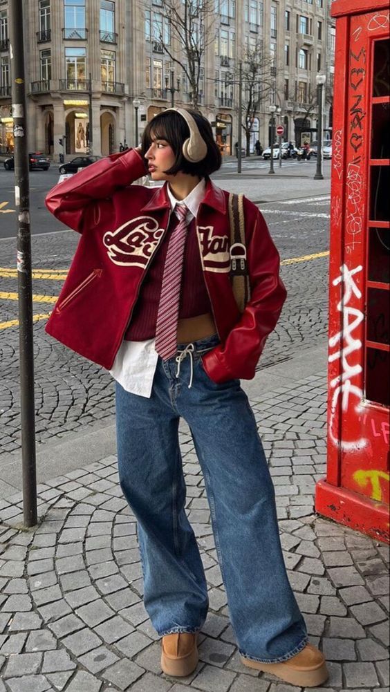 Fashionable person in red jacket, tie, and jeans poses near vintage phone booth on city street. Retro urban style.