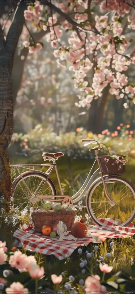 Picnic under cherry blossoms with bicycle, red checkered blanket, basket of fruit, and flowers. Serene springtime outdoor scene.