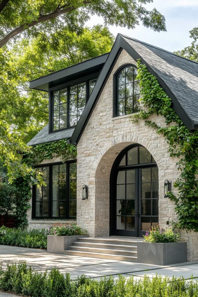 Modern stone house with large windows, arched entryway, and lush greenery; a blend of contemporary and classic design.