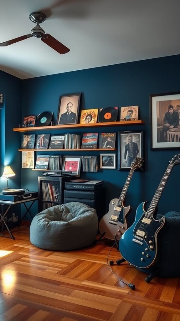 Cozy music room with vinyl records, two electric guitars, and a bean bag chair on hardwood floor. Stylish wall art decorates the space.