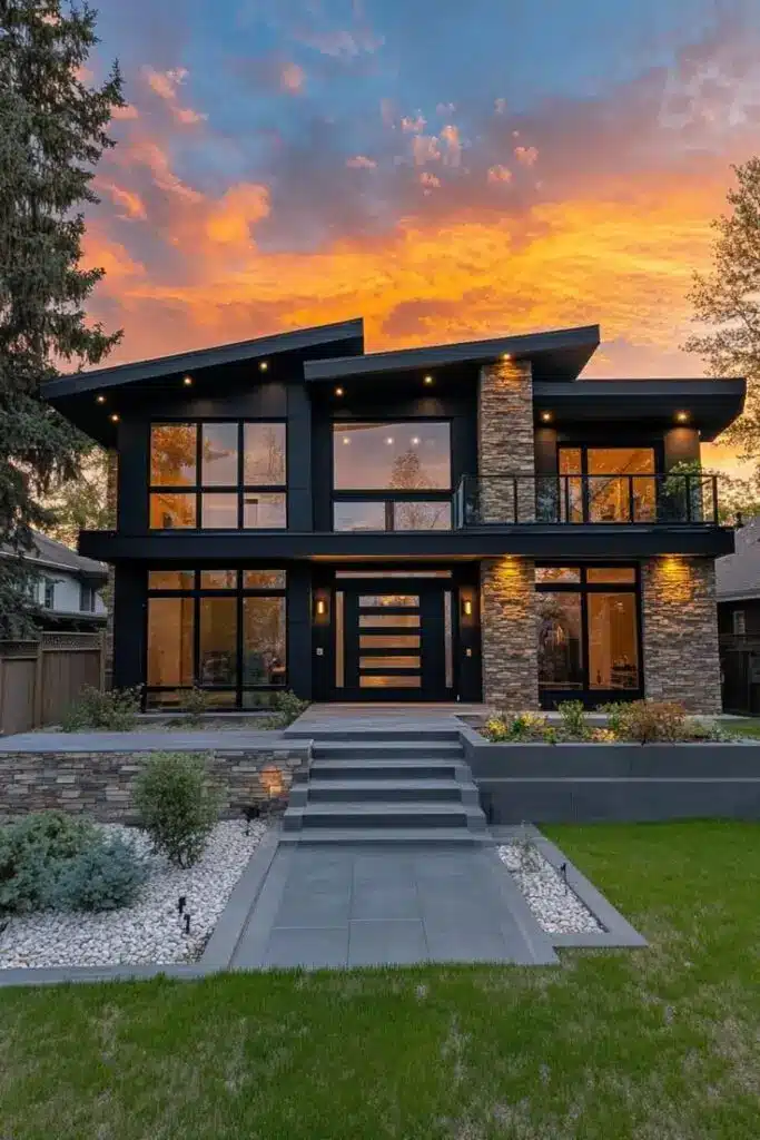 Modern two-story house with sleek design, large glass windows, and sunset backdrop, surrounded by landscaped garden.
