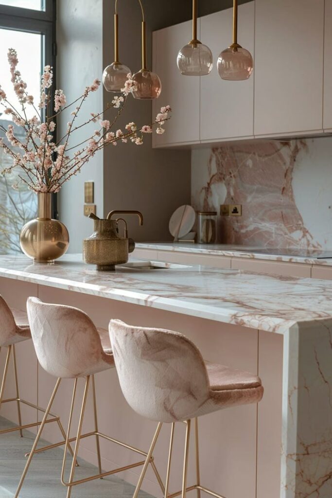 Elegant modern kitchen with marble countertops, blush stools, gold fixtures, and cherry blossom decor in a warm, inviting setting.