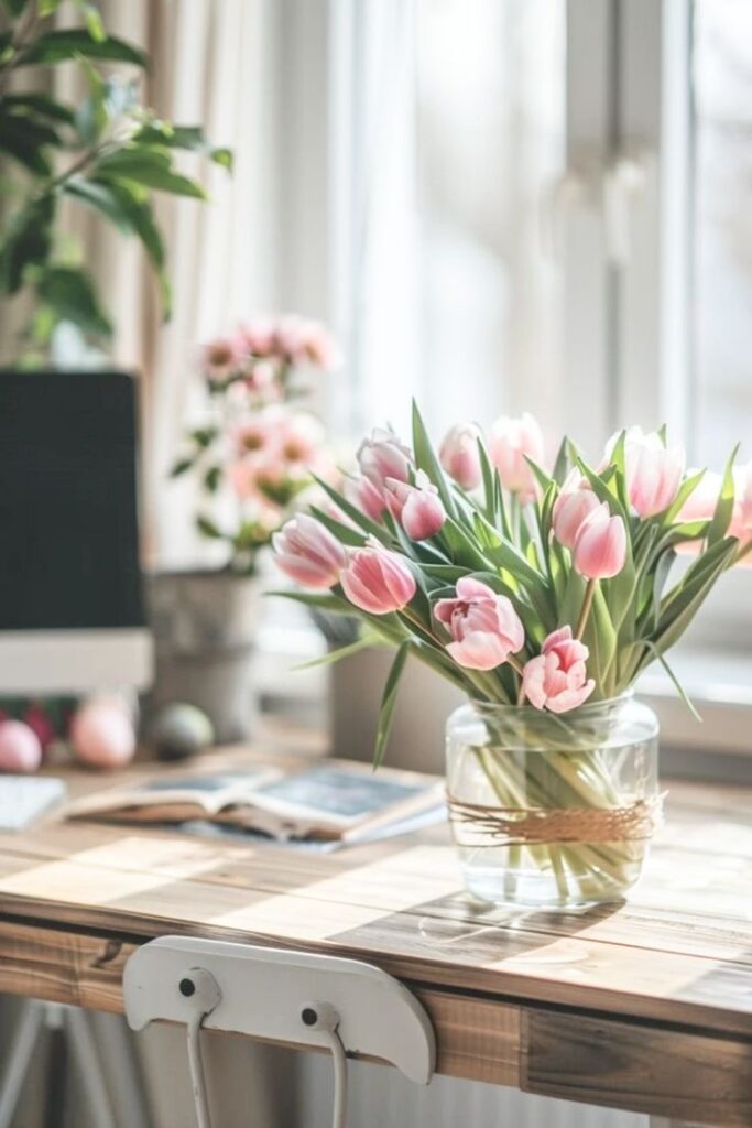 Pink tulips in a glass vase on a sunlit wooden table, next to an open book and computer, creating a cozy home office vibe.