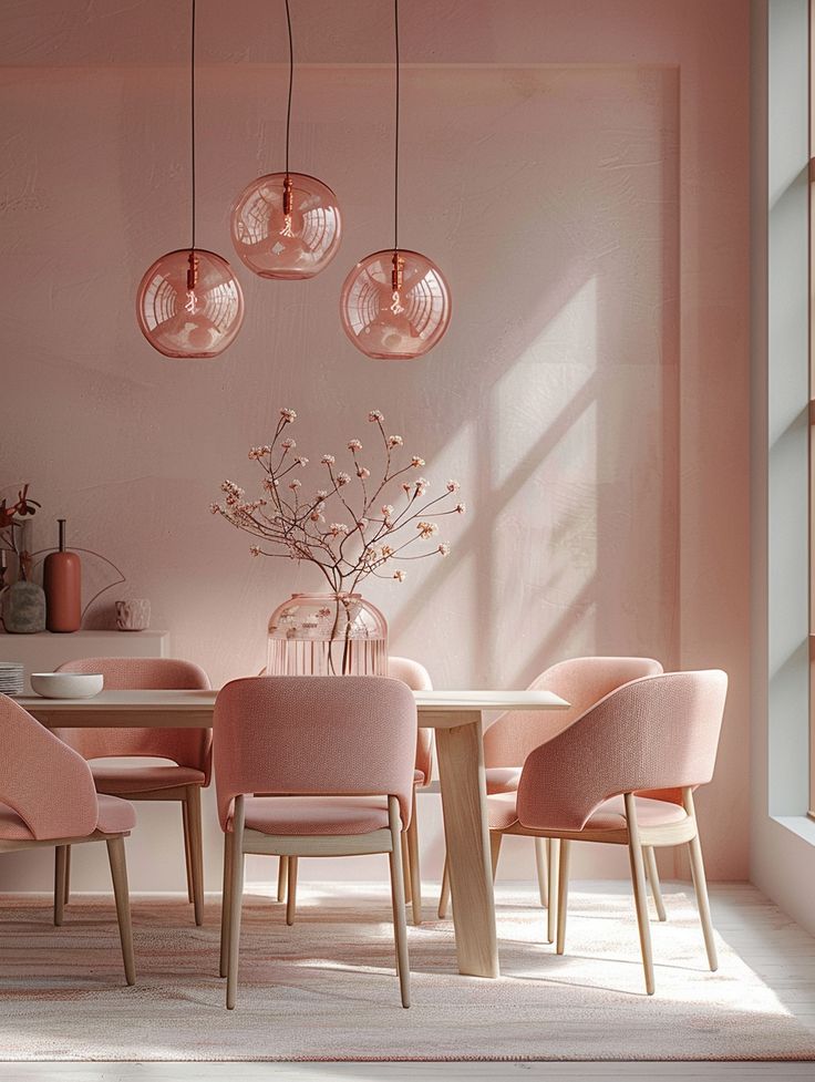 Elegant pink dining room with modern pendant lights, a wooden table, and vase centerpiece. Cozy, contemporary interior design.