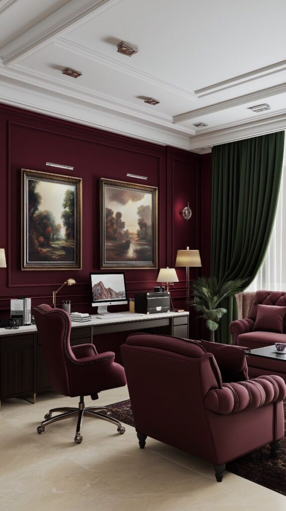 Luxurious office space with burgundy leather chairs, elegant desk, and classic paintings on rich maroon walls.