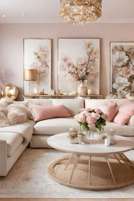 Elegant living room with pink decor, floral art, and plush cushions. Cozy ambiance with chic chandelier and round coffee table.