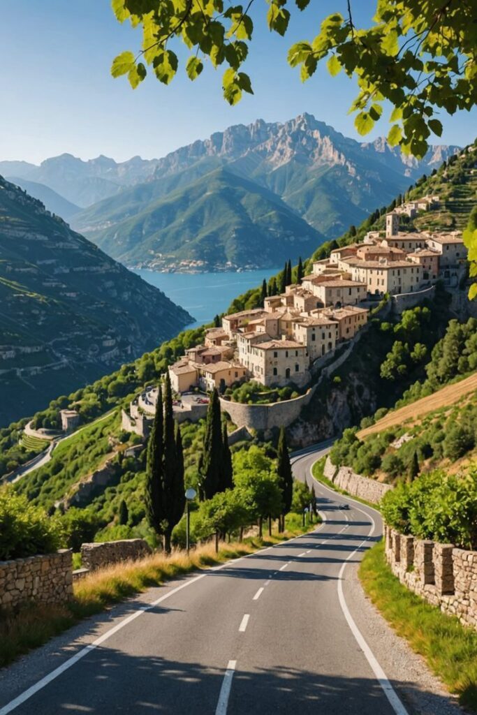 Charming hillside village with winding road, lush greenery, and scenic mountains overlooking a serene lake under clear blue skies.