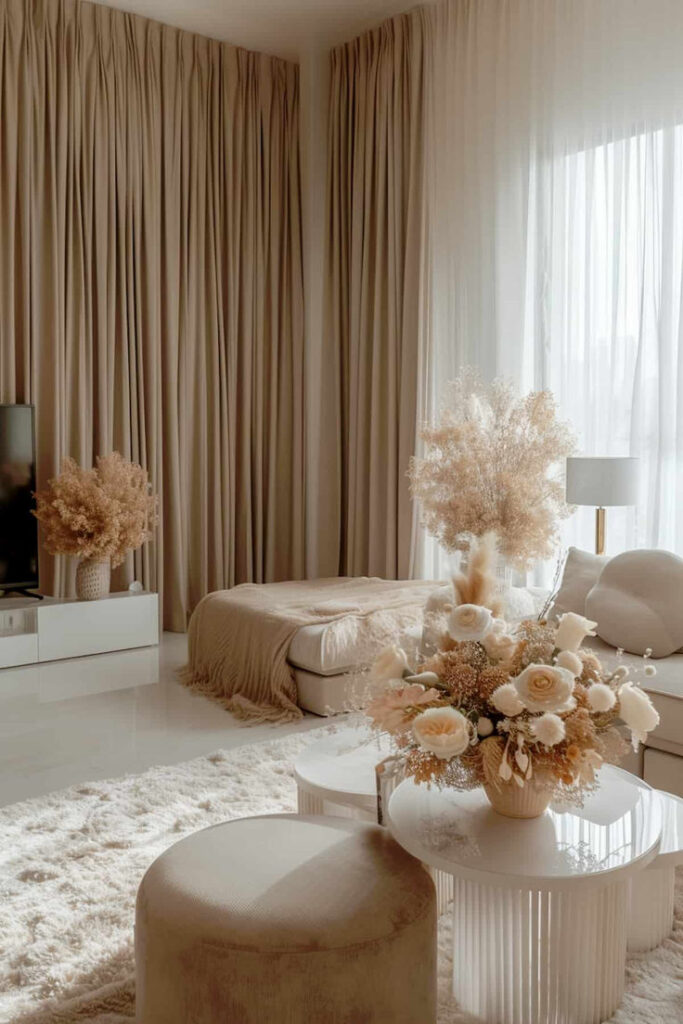 Elegant beige living room with cozy decor, plush seating, and soft lighting. Neutral tones create a warm, inviting atmosphere.