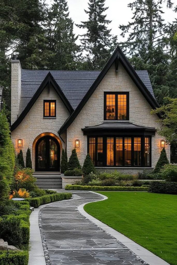 Charming stone house with warm lights, surrounded by lush greenery and a winding path leading to the entrance.