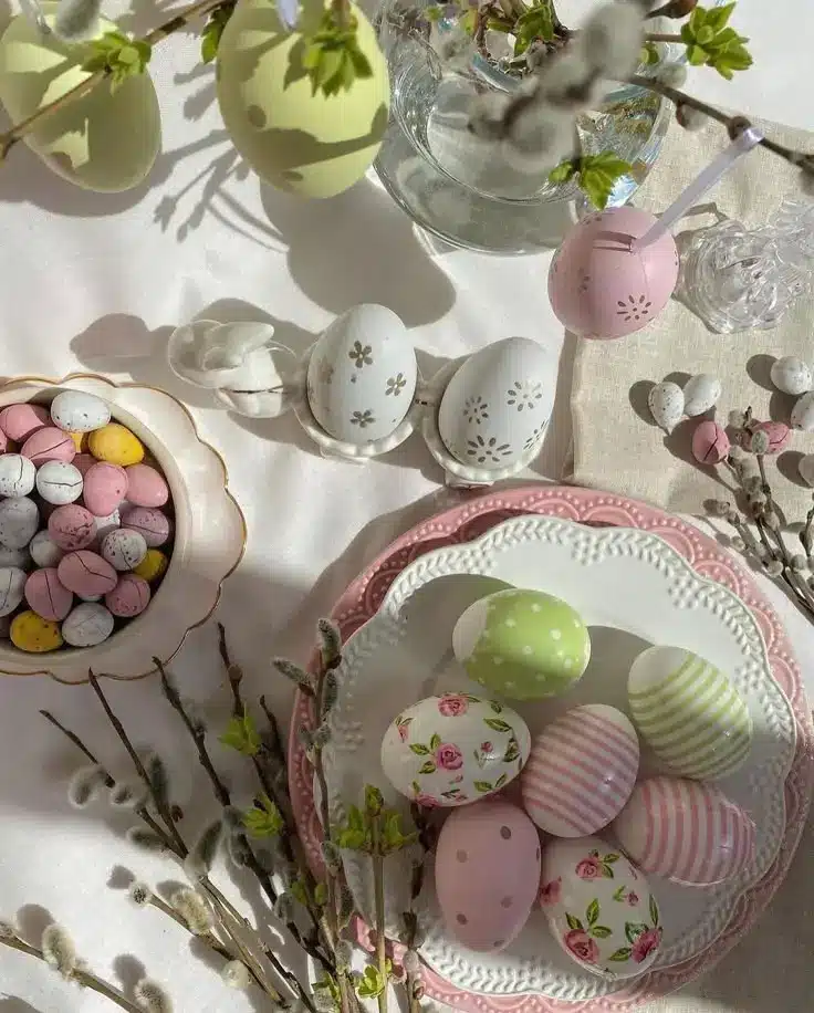 Decorative Easter eggs and candies on a floral-themed table setting with spring blossoms in the background.