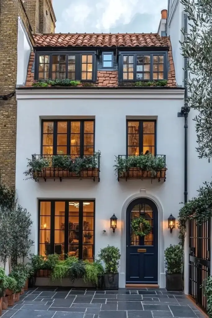 Charming two-story townhouse with elegant windows, greenery, and a welcoming blue door with a wreath, exuding a cozy atmosphere.