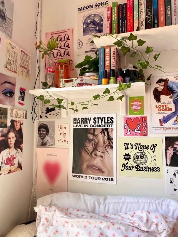 Cozy bedroom corner with posters, books, and plants on shelves, creating a personal and artistic vibe.