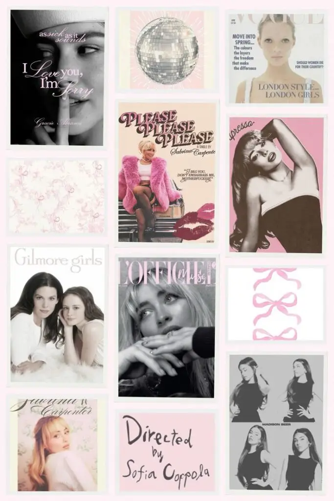 Collage of vintage magazine covers and posters featuring retro themes, fashion, music, and film, with pastel pink accents.