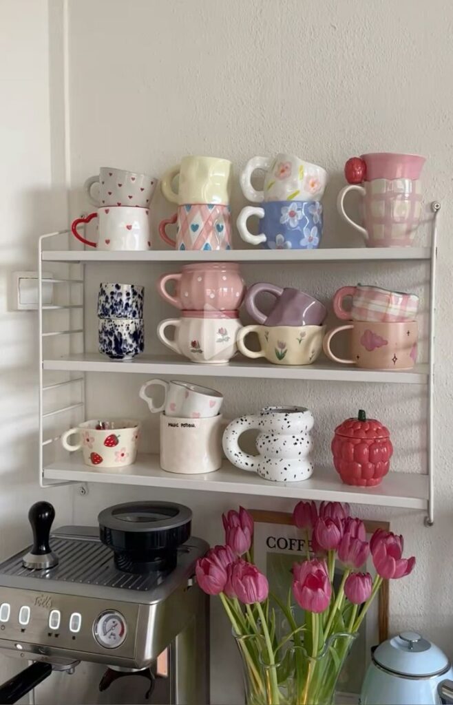 Colorful mugs and pink tulips next to an espresso machine on a cozy kitchen shelf. Perfect coffee corner inspiration.