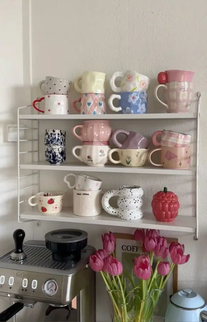 Colorful mugs and pink tulips next to an espresso machine on a cozy kitchen shelf. Perfect coffee corner inspiration.