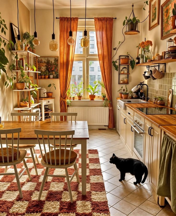 Cozy kitchen with plants, wooden table, checker rug, and a black cat. Warm lighting and green accents create a homely atmosphere.