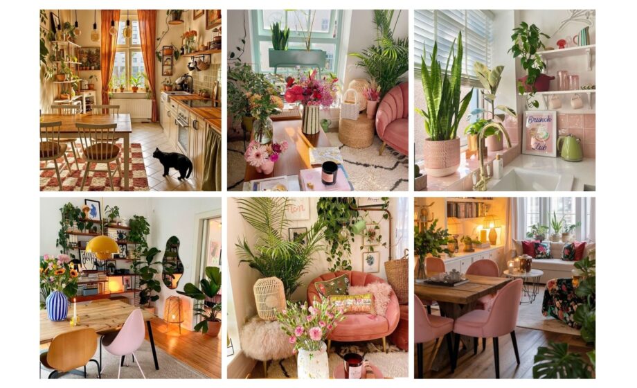 Cozy home interiors with vibrant plants, colorful decor, and soft seating, creating a warm and inviting atmosphere.