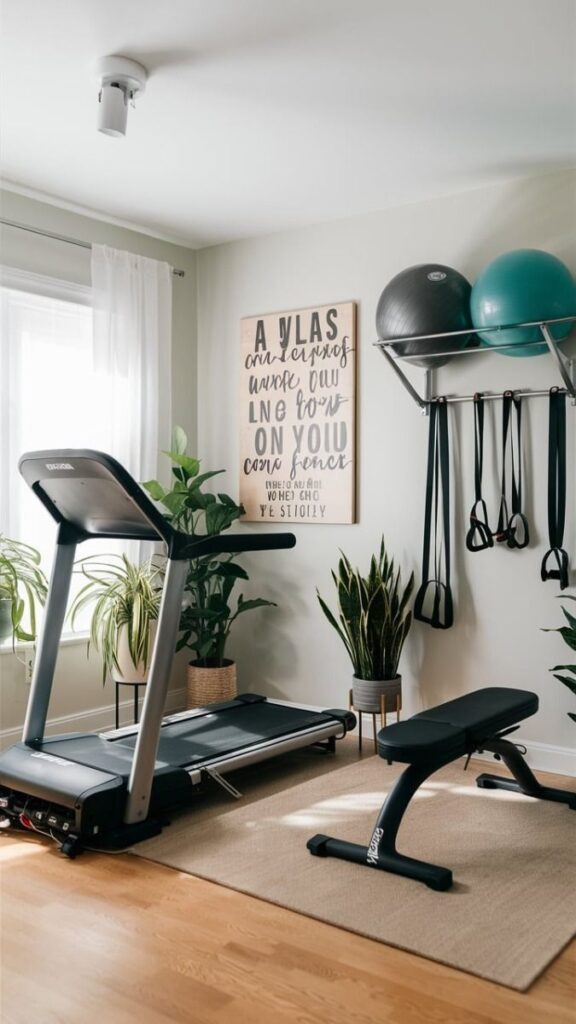 Home gym with treadmill, workout bench, exercise balls, and plants; motivational wall art enhances the fitness space ambiance.