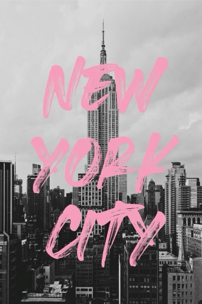 Black and white NYC skyline with pink text overlaying New York City in bold brush strokes.