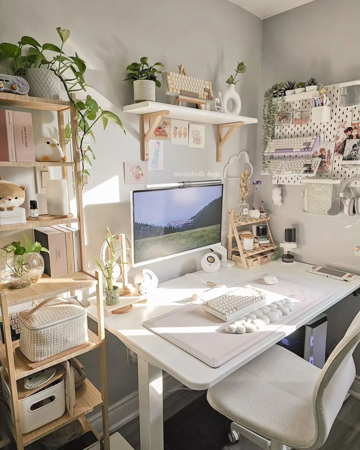 Bright, cozy home office with plants, shelving, and desk setup featuring a keyboard and monitor displaying a serene landscape.