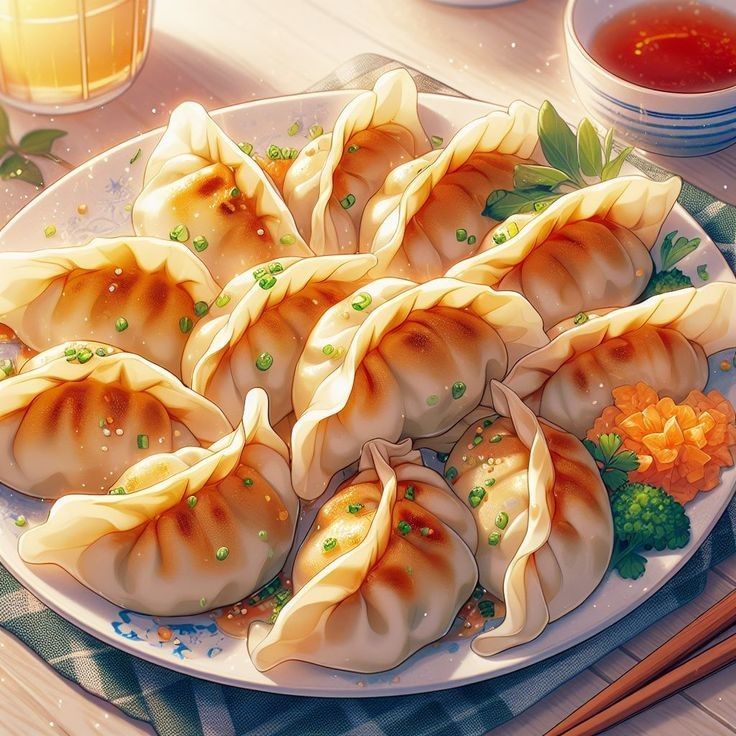 Delicious plate of golden-brown dumplings garnished with herbs, ready to enjoy with dipping sauce and fresh vegetables.